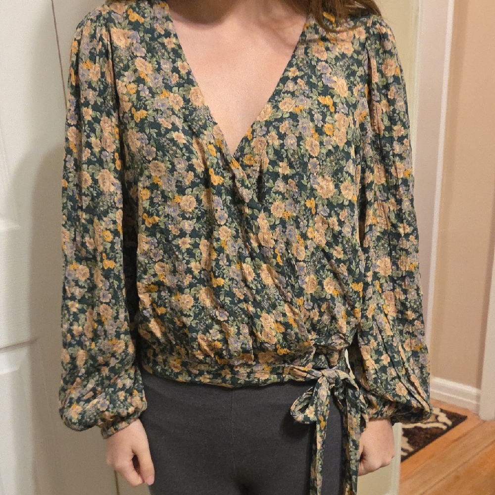 American Eagle Outfitters Floral Wrap Blouse - Dark Green and Yellow NEW W/TAGS